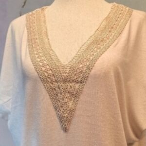 Boho Cream Crochet V-Neck Dolman Short Sleeve Women's Top NWOT